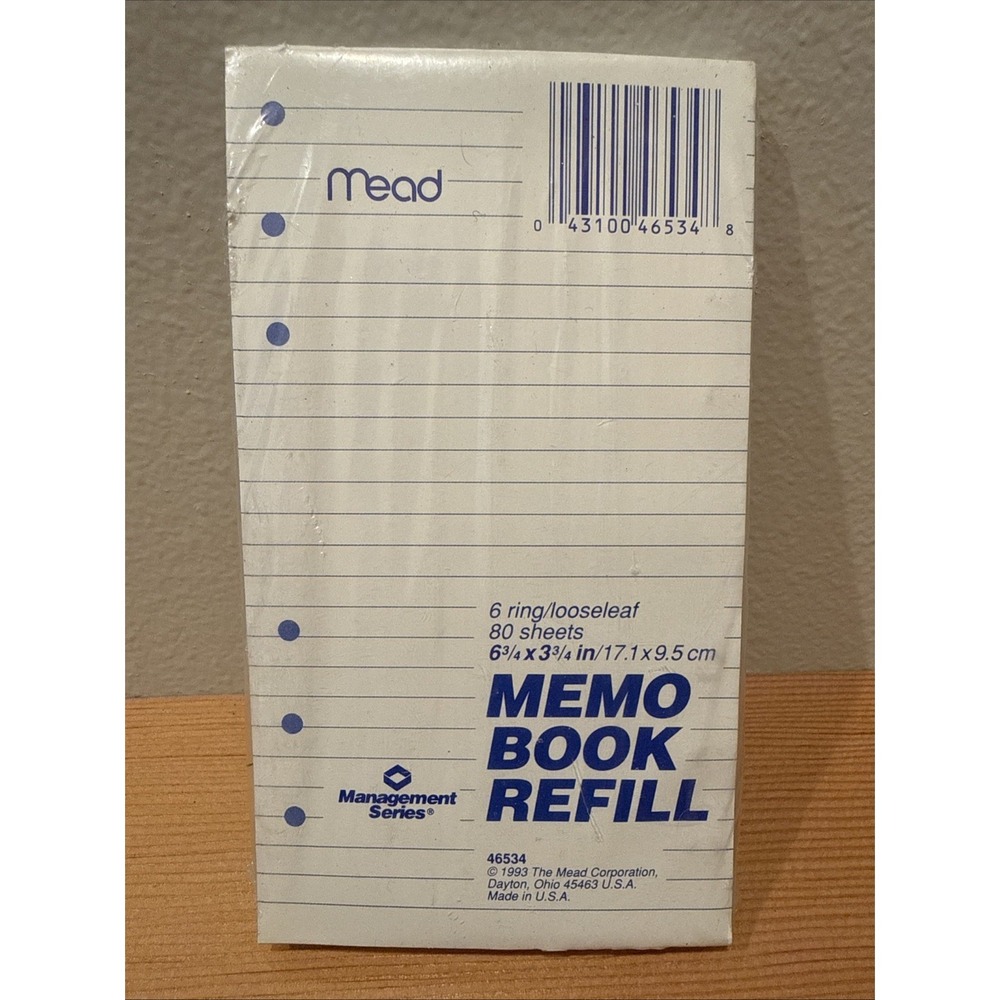 NOS VTG 1993 Mead‎ Memo Book Refill 6 Ring 3.75"x6.75" Pack of 80 Sheets 46534